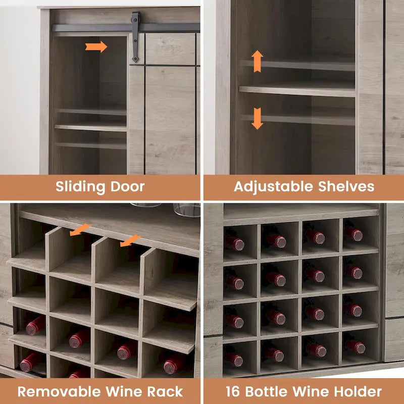 Landelijke wijnbar- en buffetkast met dressoir, wijnrek voor 16 flessen - 15.7D x 47.2W x 34.61H