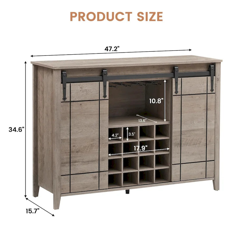 Landelijke wijnbar- en buffetkast met dressoir, wijnrek voor 16 flessen - 15.7D x 47.2W x 34.61H