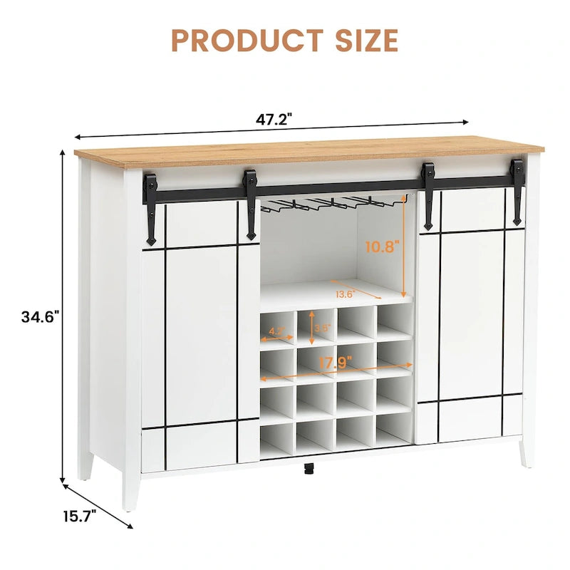 Landelijke wijnbar- en buffetkast met dressoir, wijnrek voor 16 flessen - 15.7D x 47.2W x 34.61H