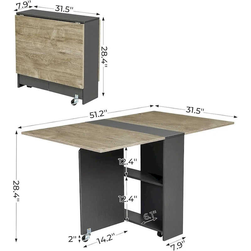 Klappbarer Esstisch mit 6 Rollen und ausklappbaren Tischplatten