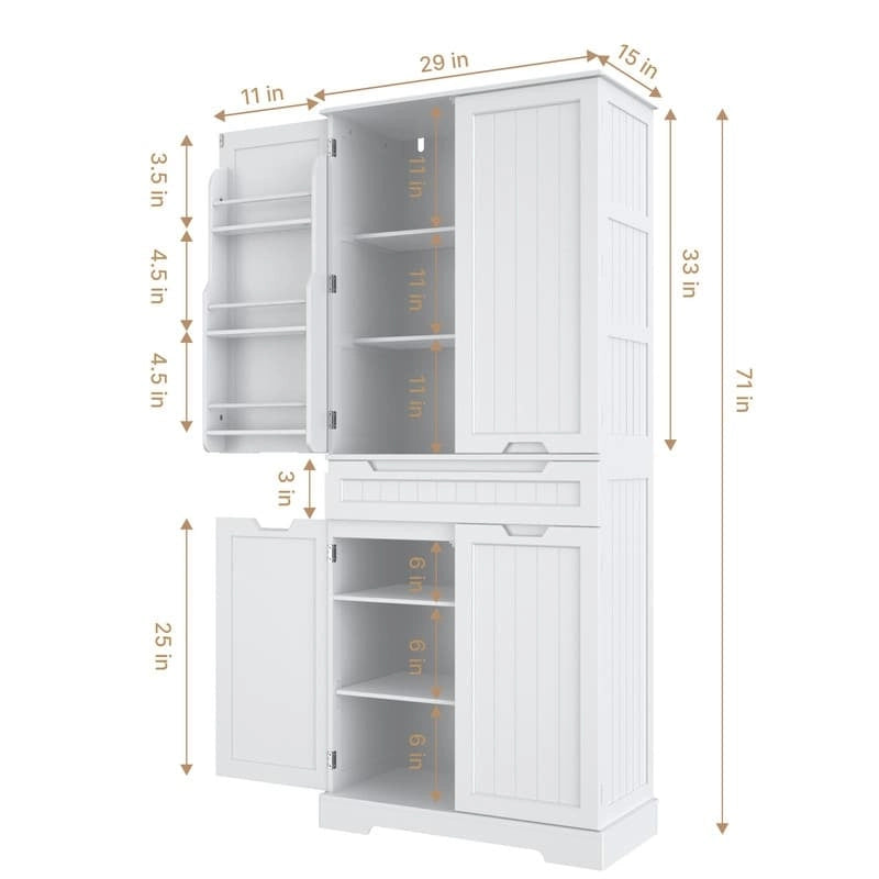 71 Freestanding Modern 4 Doors Kitchen Storage Pantry Cabinet with Shelves and Drawers Tall Kitchen Storage Cabinet Organizer