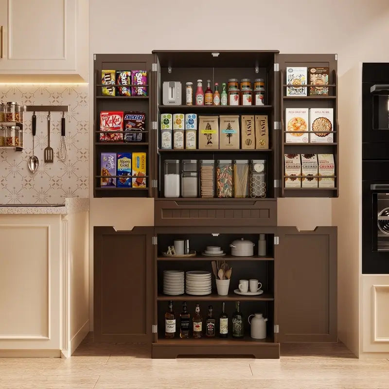 71 Freestanding Modern 4 Doors Kitchen Storage Pantry Cabinet with Shelves and Drawers Tall Kitchen Storage Cabinet Organizer