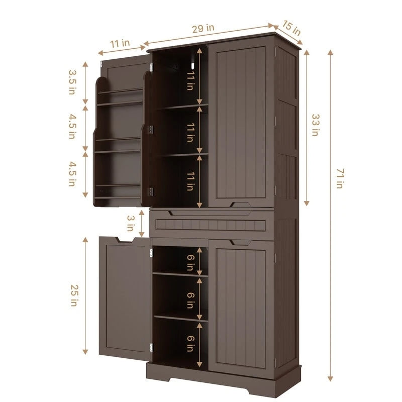 71 Freestanding Modern 4 Doors Kitchen Storage Pantry Cabinet with Shelves and Drawers Tall Kitchen Storage Cabinet Organizer
