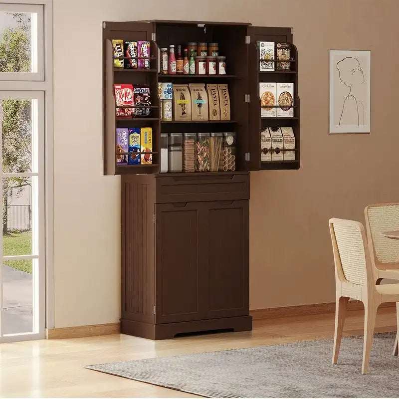 71 Freestanding Modern 4 Doors Kitchen Storage Pantry Cabinet with Shelves and Drawers Tall Kitchen Storage Cabinet Organizer