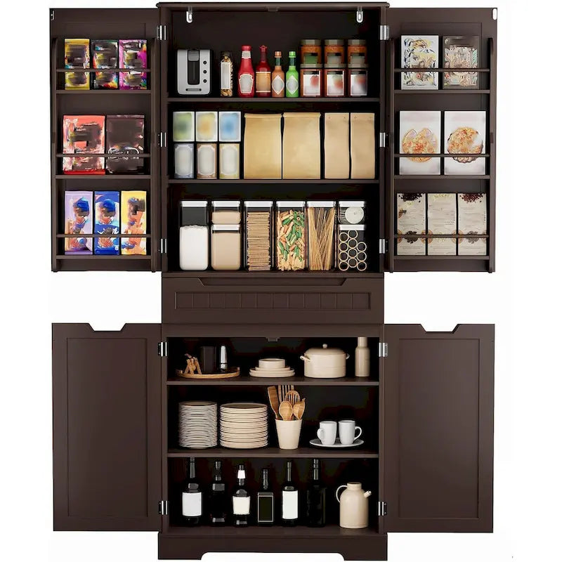 71 Freestanding Modern 4 Doors Kitchen Storage Pantry Cabinet with Shelves and Drawers Tall Kitchen Storage Cabinet Organizer