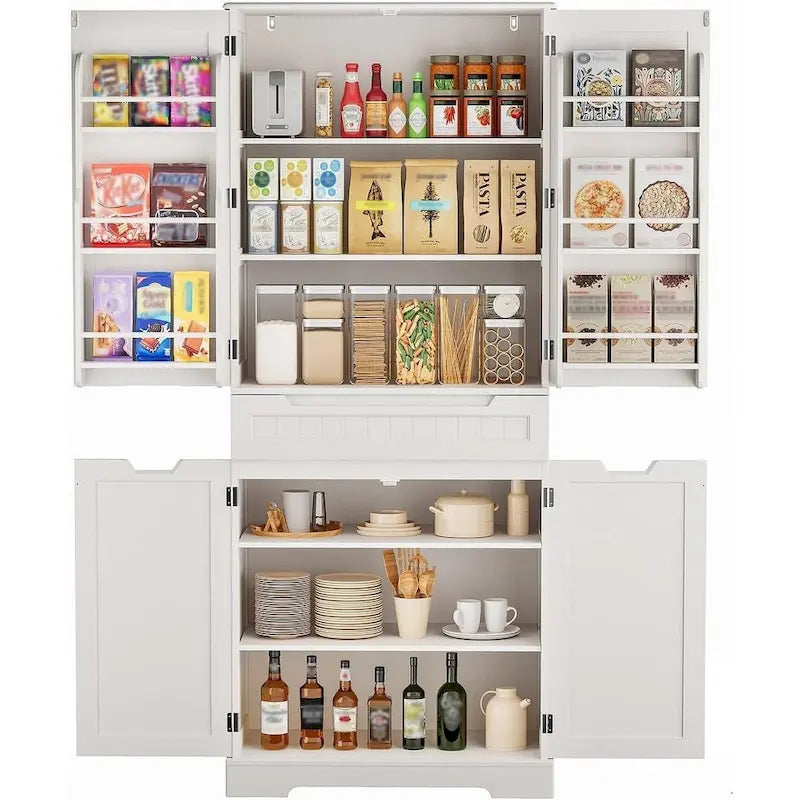 71 Freestanding Modern 4 Doors Kitchen Storage Pantry Cabinet with Shelves and Drawers Tall Kitchen Storage Cabinet Organizer