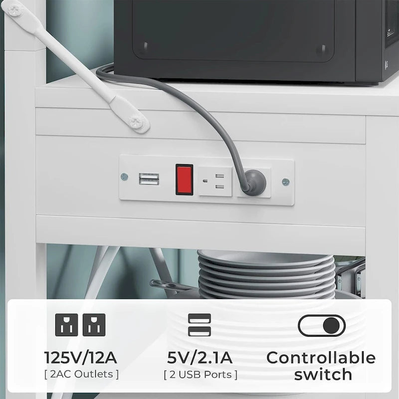 Regał piekarniczy z gniazdkiem elektrycznym, 6-poziomowy stojak na kawę i kuchenkę mikrofalową