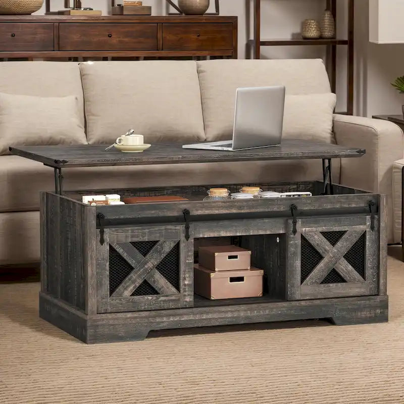 Mesa de centro Moasis elevable con almacenamiento oculto y puertas corredizas estilo granero