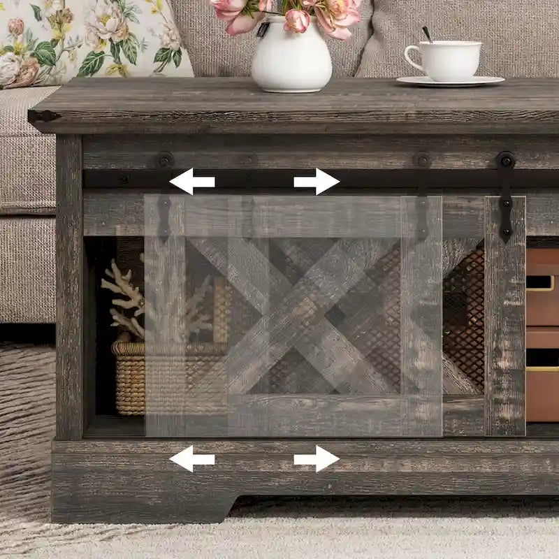 Mesa de centro Moasis elevable con almacenamiento oculto y puertas corredizas estilo granero