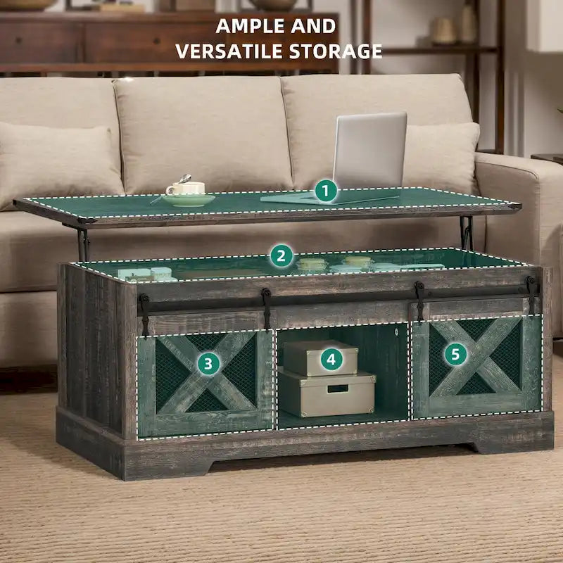 Mesa de centro Moasis elevable con almacenamiento oculto y puertas corredizas estilo granero
