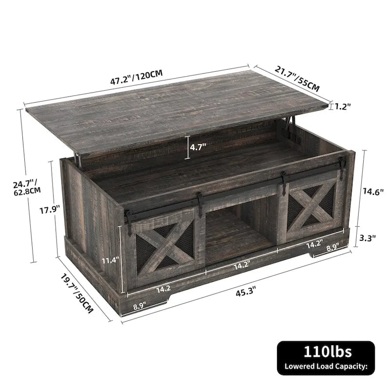 Mesa de centro Moasis elevable con almacenamiento oculto y puertas corredizas estilo granero