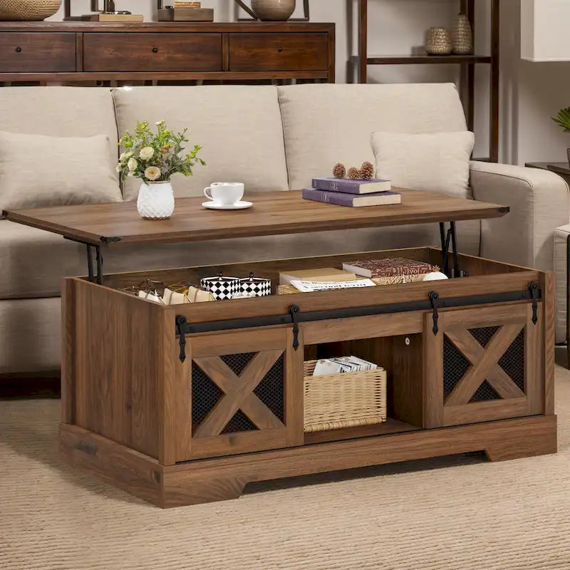 Mesa de centro Moasis elevable con almacenamiento oculto y puertas corredizas estilo granero