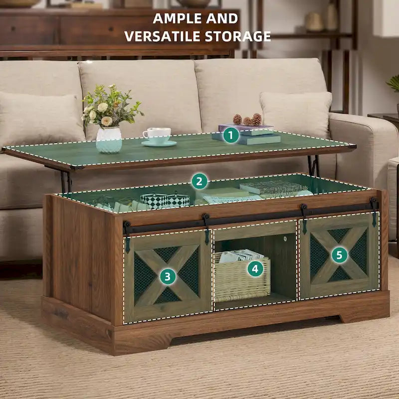 Mesa de centro Moasis elevable con almacenamiento oculto y puertas corredizas estilo granero