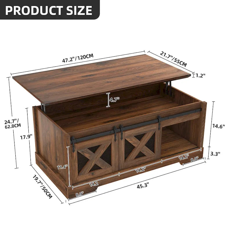 Mesa de centro Moasis elevable con almacenamiento oculto y puertas corredizas estilo granero
