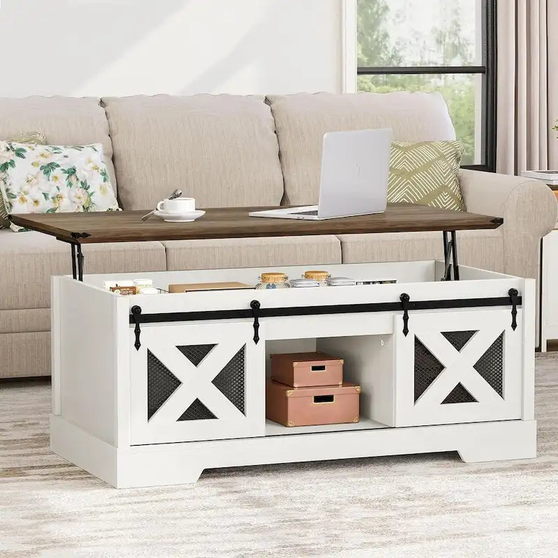 Mesa de centro Moasis elevable con almacenamiento oculto y puertas corredizas estilo granero