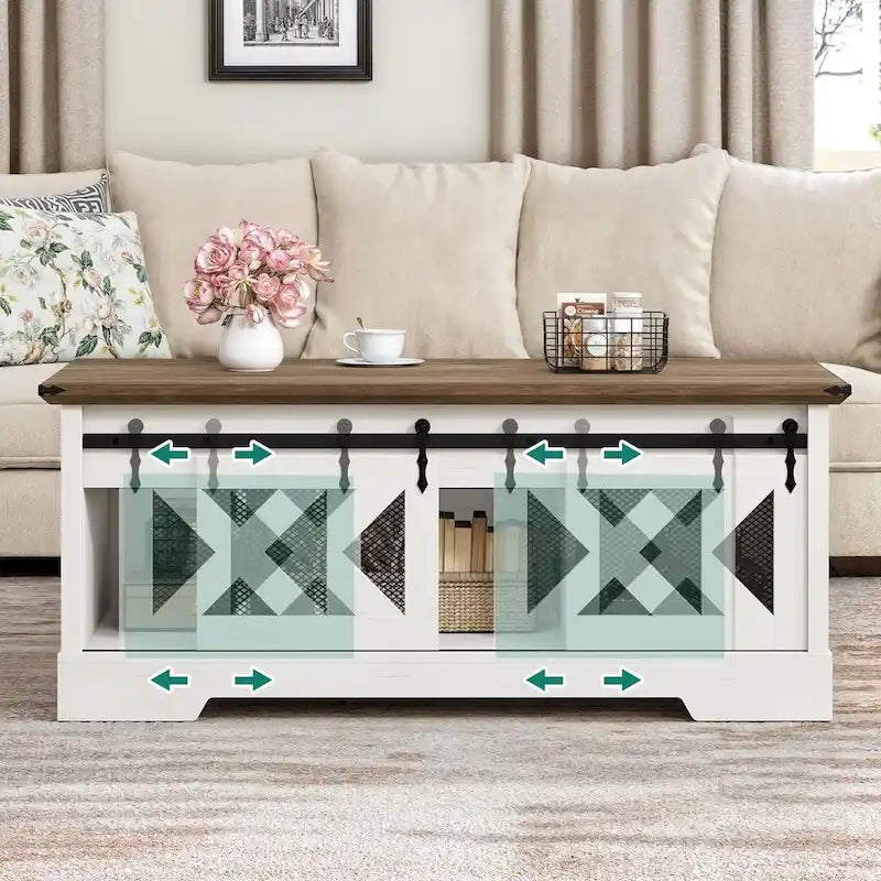Mesa de centro Moasis elevable con almacenamiento oculto y puertas corredizas estilo granero