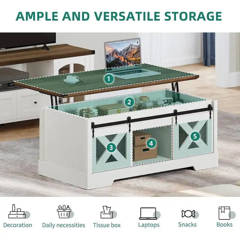Mesa de centro Moasis elevable con almacenamiento oculto y puertas corredizas estilo granero
