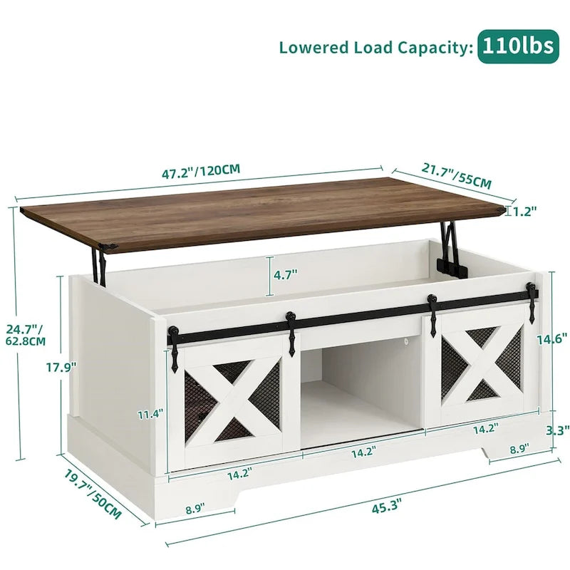 Mesa de centro Moasis elevable con almacenamiento oculto y puertas corredizas estilo granero