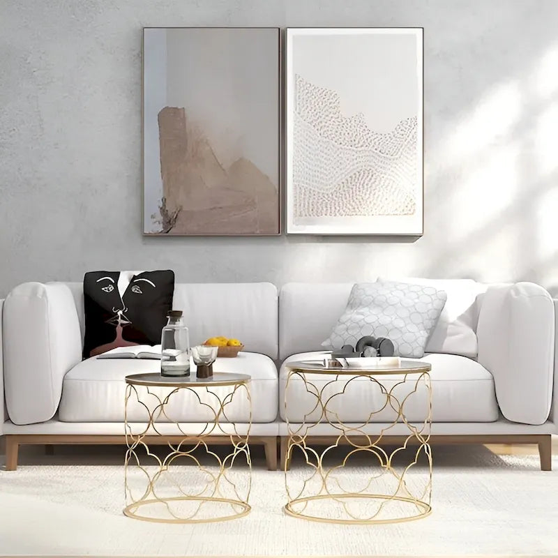 Set di 2 tavolini da salotto con piano in vetro e struttura in filo metallico, tavolini laterali rotondi