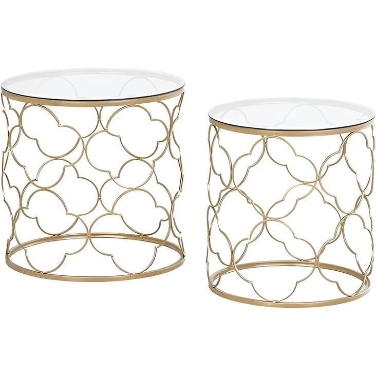 Coffee Table Set of 2 with Glass Top and Metal Wire, Round Side End Table
