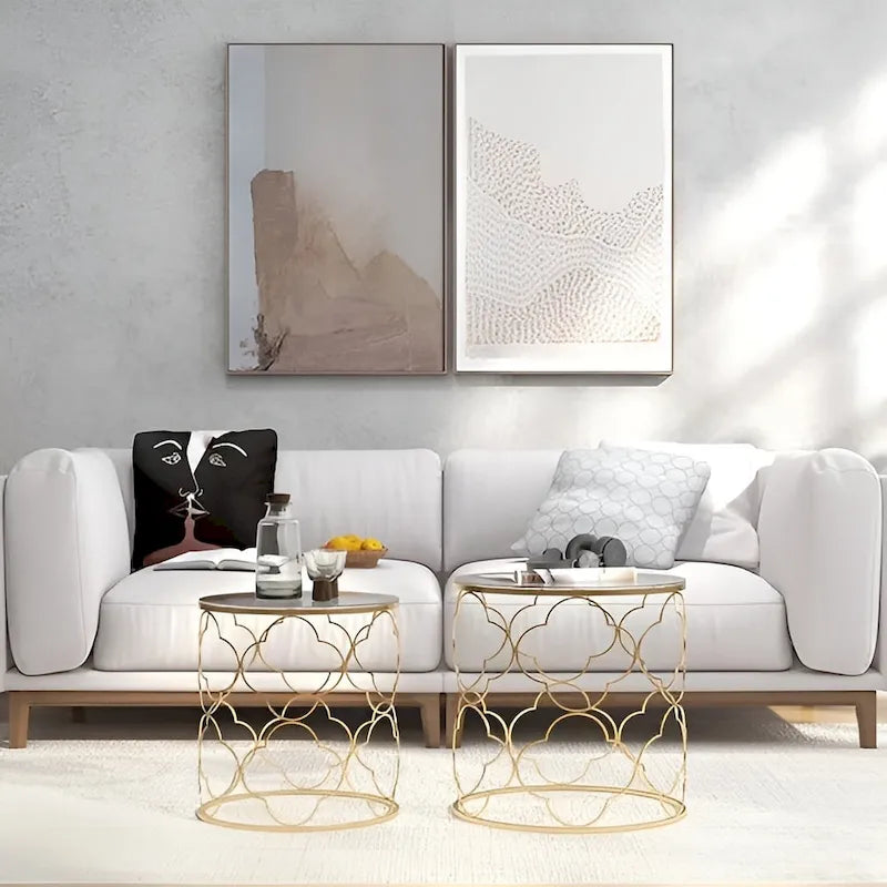 Set di 2 tavolini da salotto con piano in vetro e struttura in filo metallico, tavolini laterali rotondi