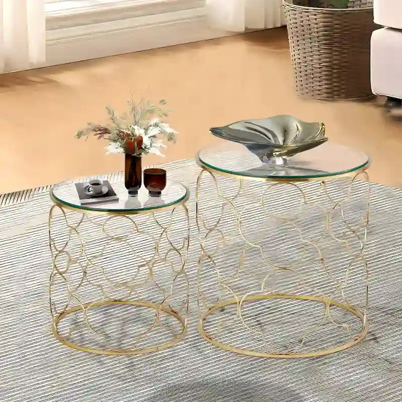 Set di 2 tavolini da salotto con piano in vetro e struttura in filo metallico, tavolini laterali rotondi