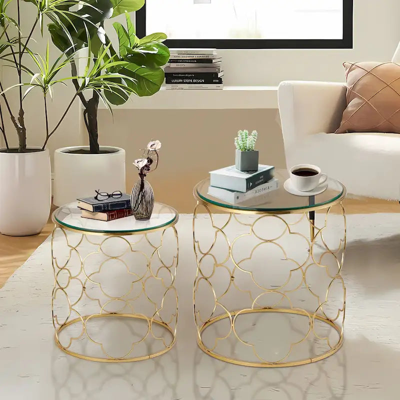 Set di 2 tavolini da salotto con piano in vetro e struttura in filo metallico, tavolini laterali rotondi