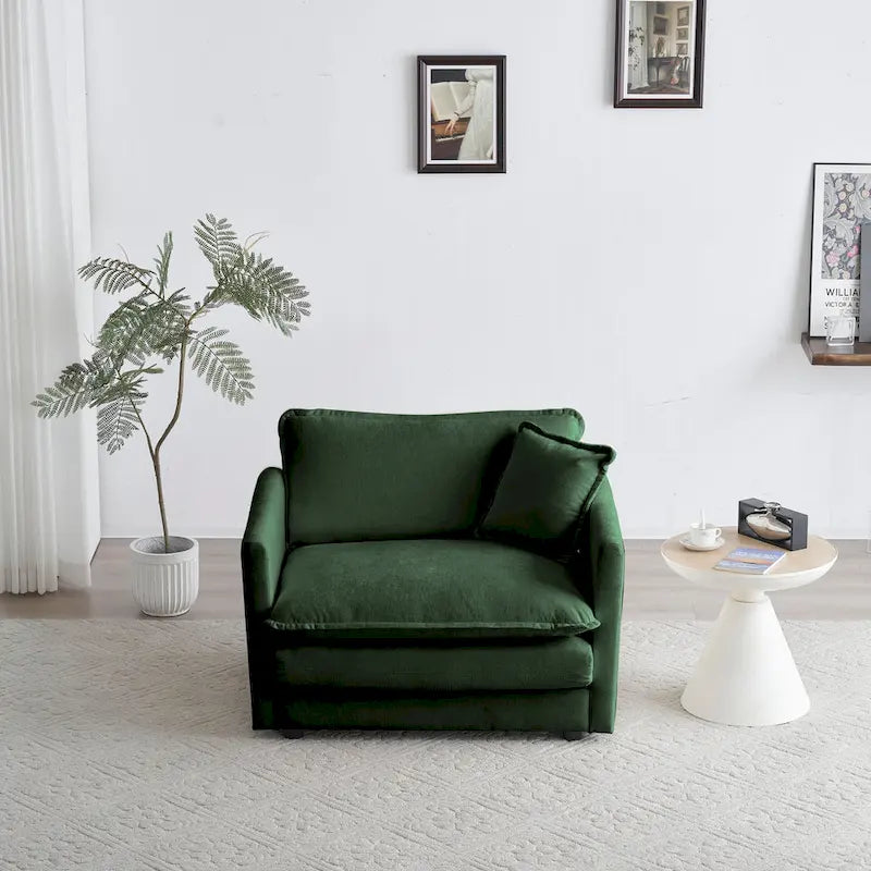 Cómodo sillón de lectura individual profundo tapizado para sala de estar, tela de chenilla verde, 1 cojín decorativo