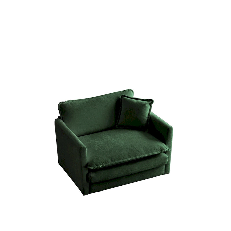 Cómodo sillón de lectura individual profundo tapizado para sala de estar, tela de chenilla verde, 1 cojín decorativo