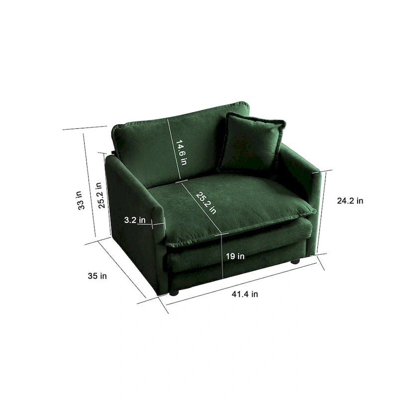 Cómodo sillón de lectura individual profundo tapizado para sala de estar, tela de chenilla verde, 1 cojín decorativo