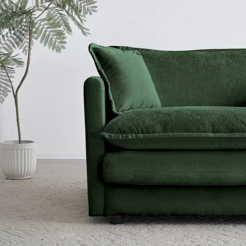 Cómodo sillón de lectura individual profundo tapizado para sala de estar, tela de chenilla verde, 1 cojín decorativo