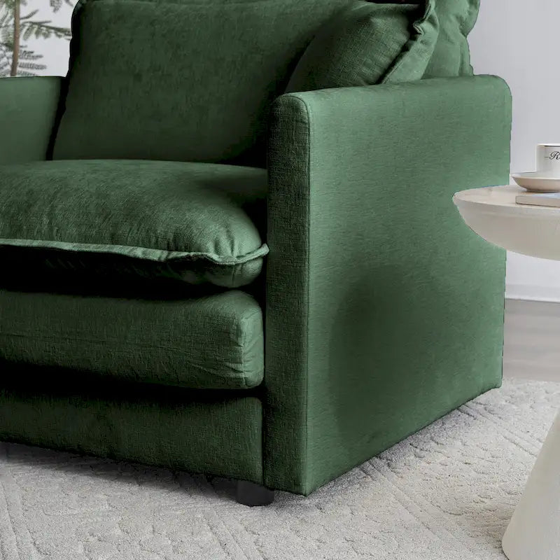 Cómodo sillón de lectura individual profundo tapizado para sala de estar, tela de chenilla verde, 1 cojín decorativo