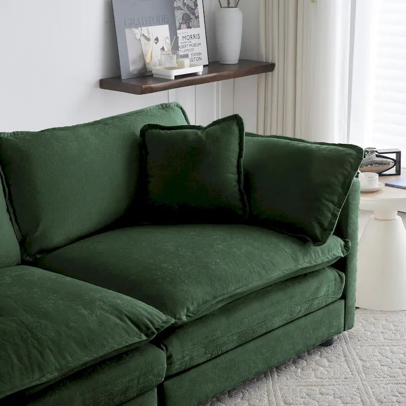 Cómodo sillón de lectura individual profundo tapizado para sala de estar, tela de chenilla verde, 1 cojín decorativo