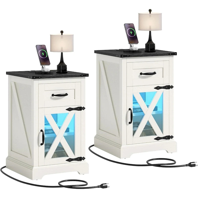 Ensemble de 2 tables d’appoint Moasis avec tiroir et prise électrique, table d’appoint LED avec station de recharge
