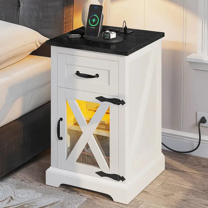 Ensemble de 2 tables d’appoint Moasis avec tiroir et prise électrique, table d’appoint LED avec station de recharge