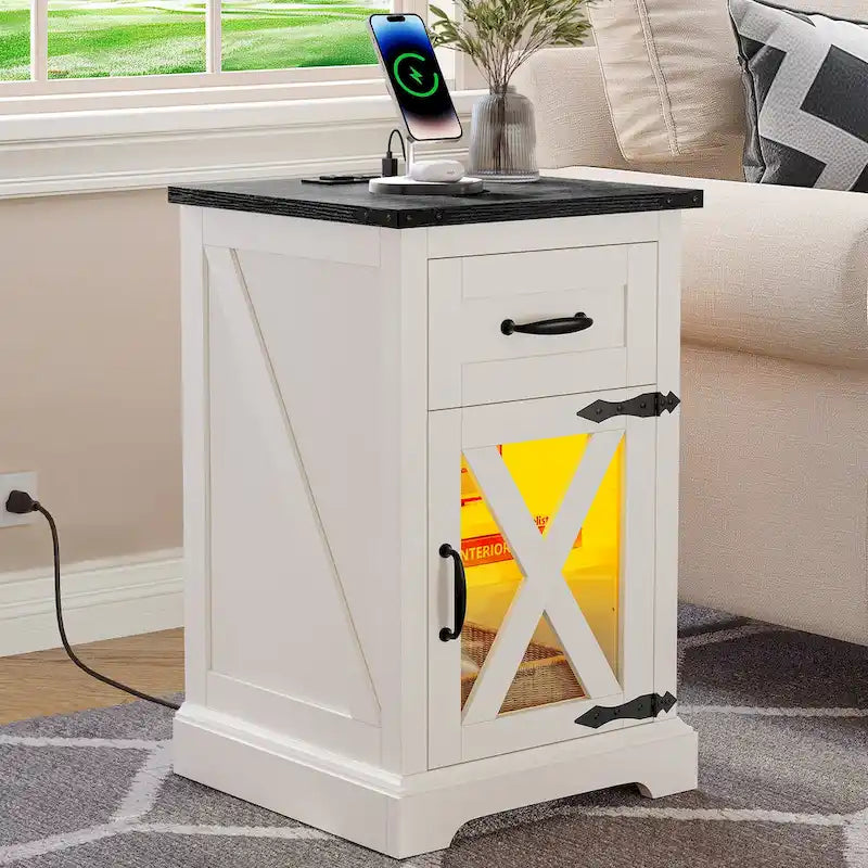 Ensemble de 2 tables d’appoint Moasis avec tiroir et prise électrique, table d’appoint LED avec station de recharge