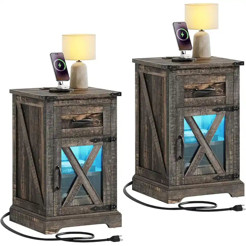 Ensemble de 2 tables d’appoint Moasis avec tiroir et prise électrique, table d’appoint LED avec station de recharge