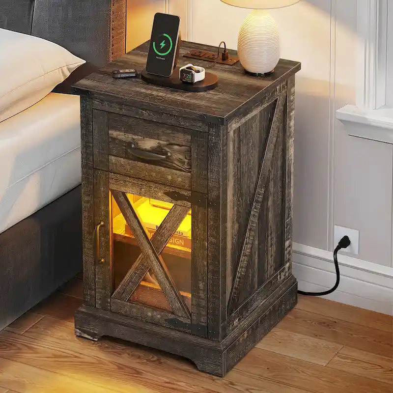 Ensemble de 2 tables d’appoint Moasis avec tiroir et prise électrique, table d’appoint LED avec station de recharge