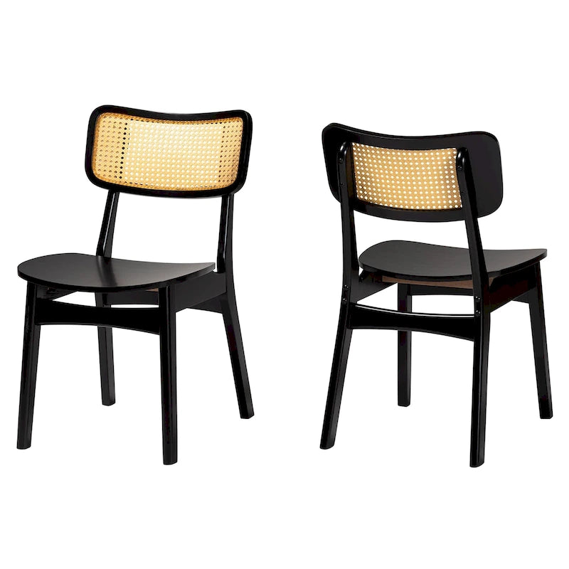 Tafari Mid-Century-Modern-Esszimmerstuhl-Set aus Holz und Rattan, 2-teilig