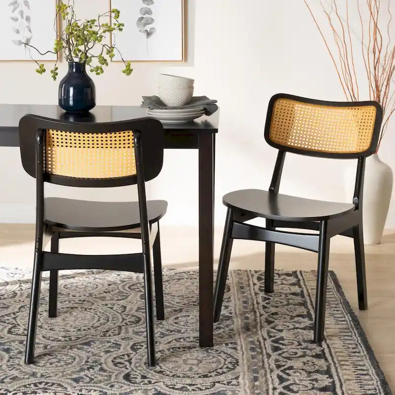 Tafari Mid-Century Modern Wood and Rattan 2-Piece Dining Chair Set