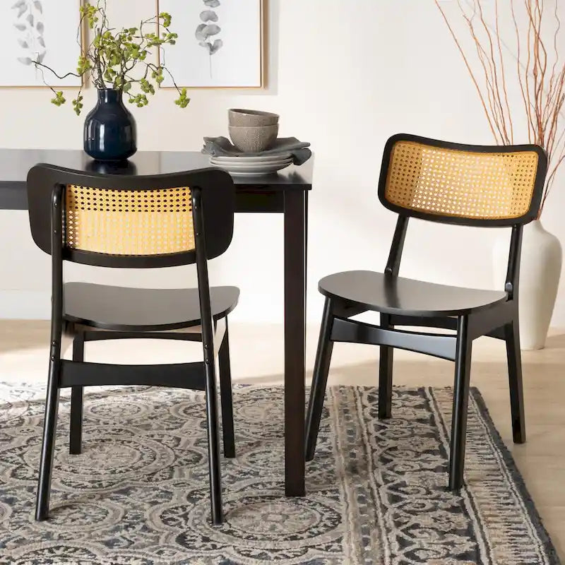 Tafari Mid-Century-Modern-Esszimmerstuhl-Set aus Holz und Rattan, 2-teilig