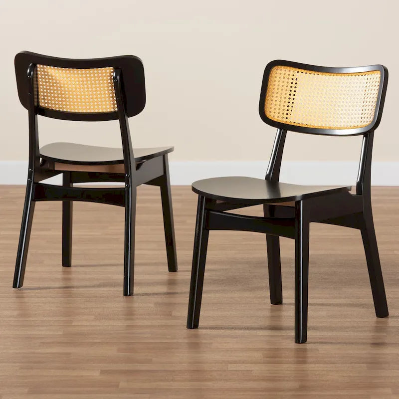 Tafari Mid-Century-Modern-Esszimmerstuhl-Set aus Holz und Rattan, 2-teilig