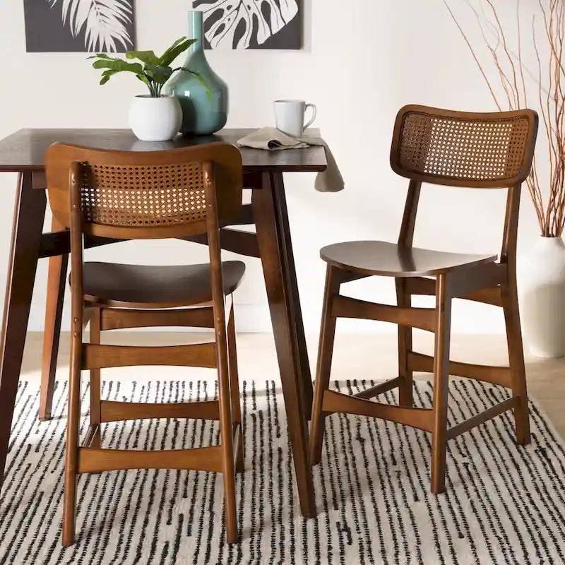Tafari Mid-Century-Modern-Esszimmerstuhl-Set aus Holz und Rattan, 2-teilig
