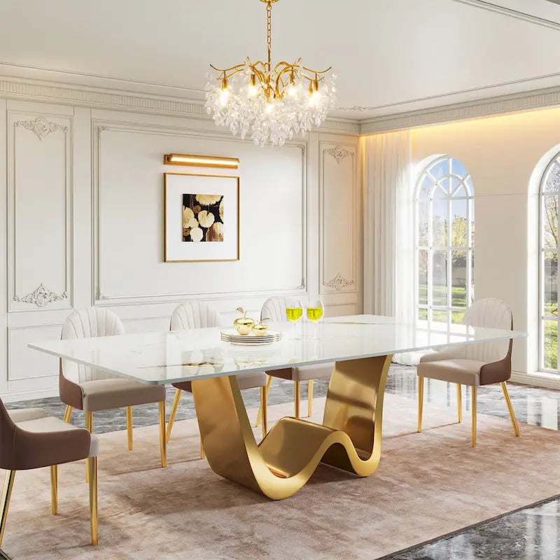 79 Modern Dining Table for 8 Rectangle Dining Table, Luxury White & Gold Kitchen Table with Sintered Stone