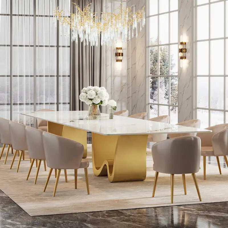 79 Modern Dining Table for 8 Rectangle Dining Table, Luxury White & Gold Kitchen Table with Sintered Stone
