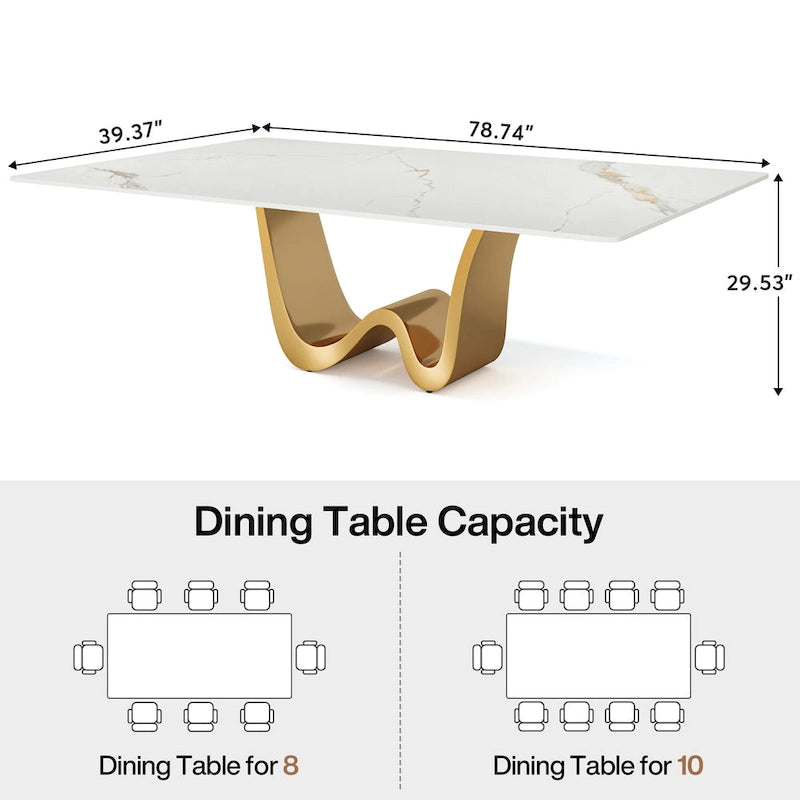 79 Modern Dining Table for 8 Rectangle Dining Table, Luxury White & Gold Kitchen Table with Sintered Stone