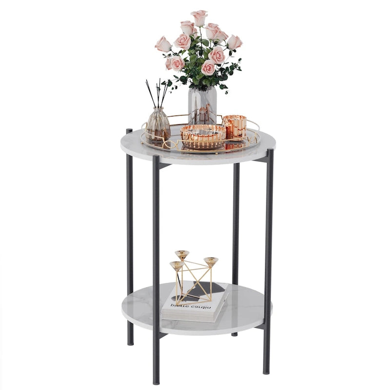 Runder 2-stufiger Marmor-Sofatisch, Beistelltisch mit schwarzem Metallgestell