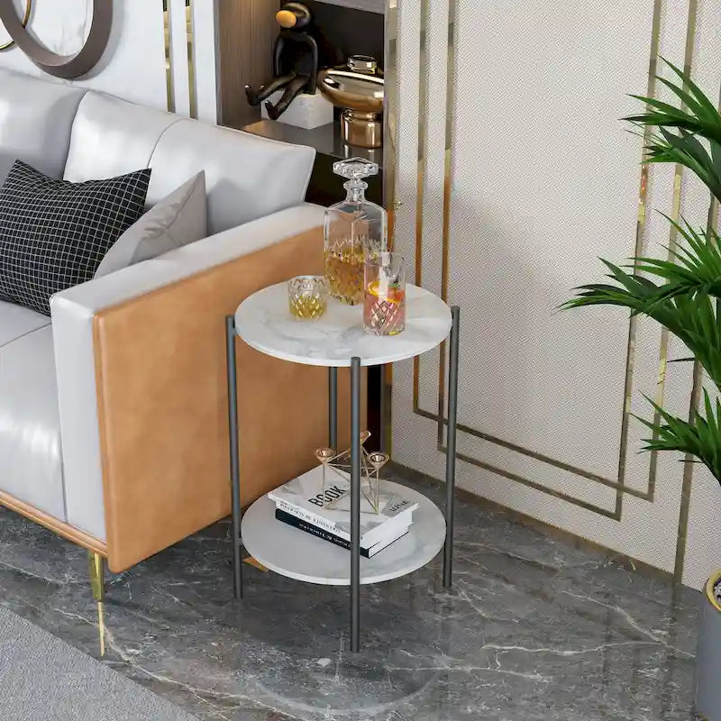 Runder 2-stufiger Marmor-Sofatisch, Beistelltisch mit schwarzem Metallgestell