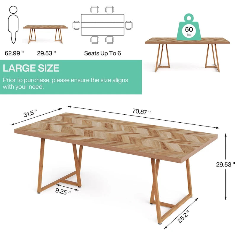 71 Farmhouse Dining Table for 6 to 8, Rectangular Wood Kitchen Table Industrial Dinner Table