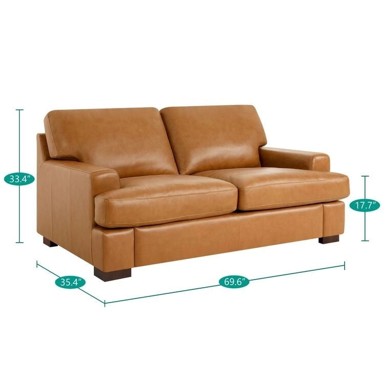 Genuine Leather Square Arm Loveseat Sofa with Sturdy Block Legs - Luxurious Comfort Goose Feather Cushion